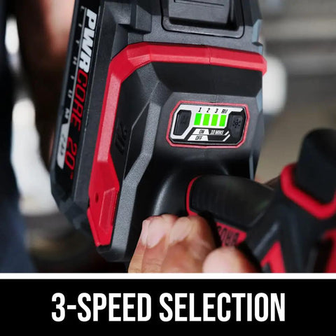 Close-up of Power Core 20 Brushless 20V Three Eighths Inch Compact Impact Wrench Kit with three-speed settings visible