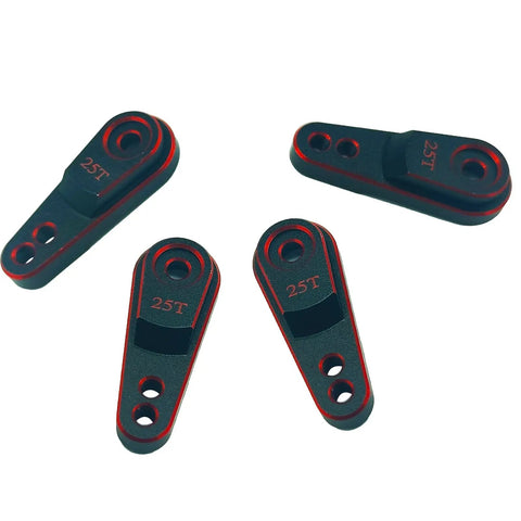Beefed Up Aluminum 25T Servo Horn Set For RC Cars And Trucks Durable Steering Arms Upgrades With 25T Spline And M3 Threads Fits Most One Tenth Scale Crawlers And Rigs From Traxxas Axial Tamiya, showing four servo arms in black and red finish.
