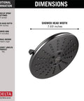 3 Spray H2Okinetic Shower Head With Touch Clean in Matte Black, 7.69 inch width, dimensions shown, delivers 3X coverage and PowerDrench
