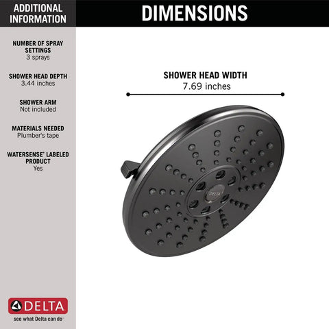3 Spray H2Okinetic Shower Head With Touch Clean in Matte Black, 7.69 inch width, dimensions shown, delivers 3X coverage and PowerDrench