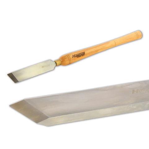 No Frills Skew Chisel Set For Woodturning Projects Built Tough With High Speed Steel Cutting Edges And Grippy Beech Handles view showing chisel and blade.