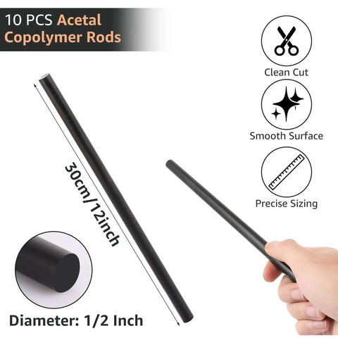 Ten Half Inch Black Acetal Copolymer Round Rods 12 Inch Long Bulk Pack Non Marring Fixture Ready POM Plastic Rods For DIY Projects Machining Prototyping And Crafting, 1/2 inch x 12 in rod