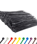 Stack of 14 inch black zip ties from a 1000 pack with multi-colored options below, UV resistant self locking nylon tie wraps 50lb strength.