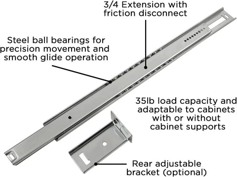 Bottom Centered Drawer Slide Mount For Cabinets And Dressers, with friction disconnect and bracket