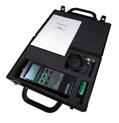 Portable Handheld Vibration Meter With Magnetic Probe For Machinery Vibration Testing Of Velocity And Acceleration Model 840063 Pro Grade Readouts RMS Peak Min Max And Auto Power Off Display in carrying case