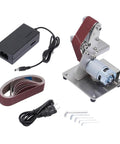 Rock Solid Mini Belt Sander With Seven Adjustable Speeds For Smooth Wood Finishing And Polishing Hella Durable Stainless Steel Bench Grinder Buffing Rig For Weekend Warrior Workshops with sanding belt, motor, and power adapter.