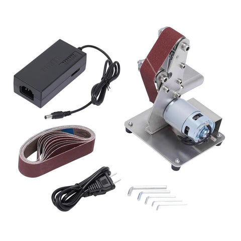 Rock Solid Mini Belt Sander With Seven Adjustable Speeds For Smooth Wood Finishing And Polishing Hella Durable Stainless Steel Bench Grinder Buffing Rig For Weekend Warrior Workshops with sanding belt, motor, and power adapter.