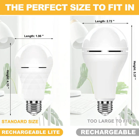 A19 Rechargeable LED Light Bulbs With Built In Battery Backup For Power Outages, size comparison with dimensions shown