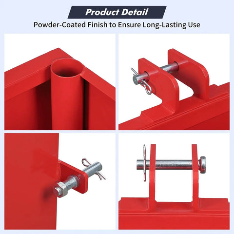Beefy 800 Lb Capacity Tractor Ballast Box With 2 Inch Quick Hitch Receiver and sliding front door, detail of red powder-coated finish
