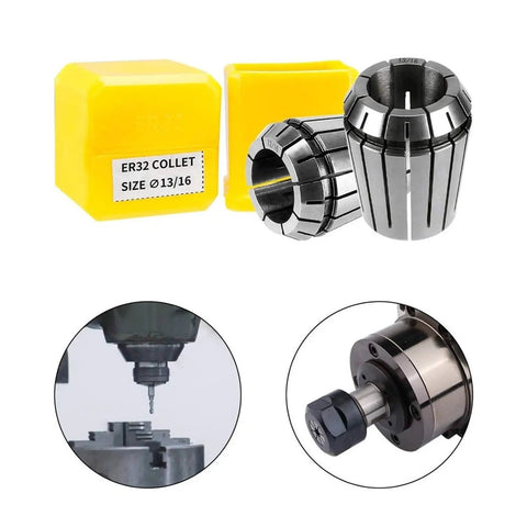 Top Tier Spring Collet Set ER8 ER11 ER16 ER20 ER25 ER32 Fits CNC Milling Lathe with ER32 collet and holder for precision grip.