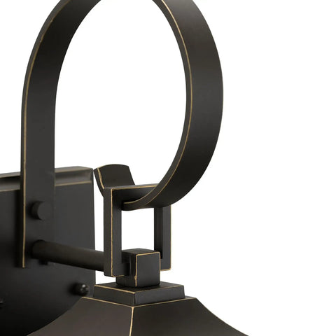 Close-up of Two Light Outdoor Wall Lantern in Antique Bronze with Clear Beveled Glass, Rustic Traditional Style bracket