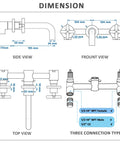 Dimensions diagram of Brass Matte Black Dual Handle Wall Mounted Bathroom Faucet With Rough In Valve showing views and connections.