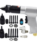 Pro Grade Pneumatic Rivet Nut Tool Kit With M5 And M6 Heads, Mandrels, Bearings, and Connectors displayed with parts
