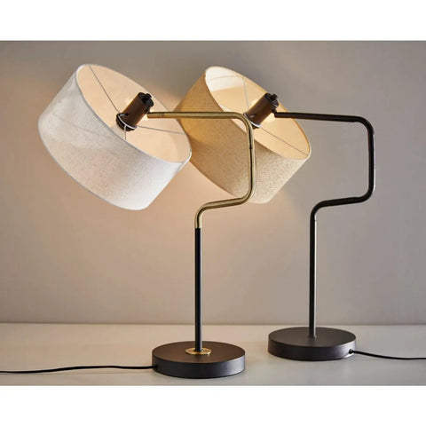 Jacob Table Lamp With Swing Arm, 24 To 25.5 Inch Tall, Antique Bronze Finish, 60W Socket, Natural Woven Drum Shade, Modern Farmhouse Vibe Lighting