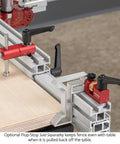 Universal Fit In Dexable Miter Gauge For Table Saw With Micro Adjust Flip Stop and Extended Fence showing adjustable red flip stop.