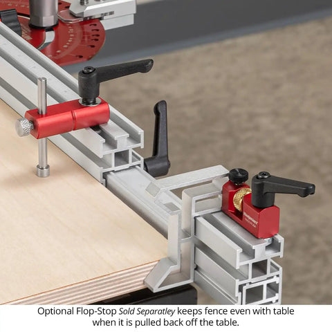 Universal Fit In Dexable Miter Gauge For Table Saw With Micro Adjust Flip Stop and Extended Fence showing adjustable red flip stop.