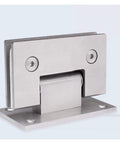 Close-up of Stainless Steel Glass Door Hinge For Cabinets And Showers Clip In Mount Fits 8 To 12 Mm Thick Glass Anti Bounce Screw