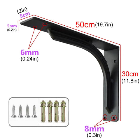 Heavy-Duty Wall Mount Shelf Brackets, Solid Steel Triangle Supports For Floating Shelves, 50cm with mounting hardware.