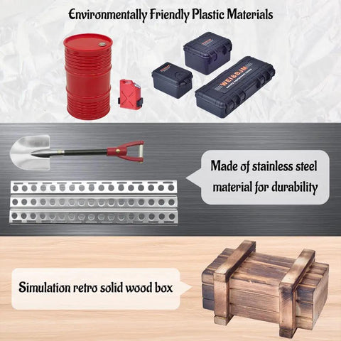 One Tenth Scale RC Crawler Roof Accessories Kit With Luggage Net Oil Drum Wood Box Fuel Tank Recovery Board Toolbox And Shovel For TRX4 TRX6 AXIAL SCX10 Redcat Gen7 And Other One Tenth Scale Crawlers Realistic Tool Set To Boost Authenticity And Car Look, showcasing tools and accessories.