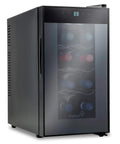 8 Bottle Countertop Wine Cooler For Red And White Wines With Digital Temperature Display Freestanding Refrigerator With Smoked Glass Door Quiet Operation Keeps Wine At About 55 Degrees Fahrenheit For Optimal Flavor, showing black cabinet, digital display, and smoked glass door.