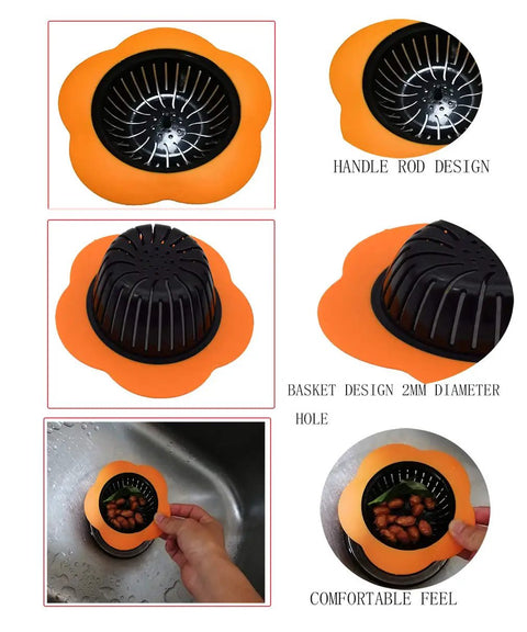 Go-To Kitchen Sink Strainer 4 Pack Silicone Drain Filters With Wide Rim 4.5 Inch Diameter, orange and black design on display