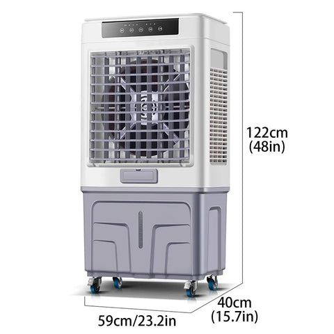 Keep Things Chill With This Portable Evaporative Air Cooler Delivering Whisper Quiet Three Fan Speeds Four Reusable Ice Crystals And Handy Timer For Bedroom Or Office, shown front and side view with dimensions.