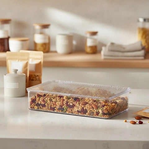 Clear Pet Storage Bin Kick Clutter To The Curb In Style Slick Transparent Plastic Organizer For Pantry Snacks And Desk Essentials Stackable Home Solution To Keep Your Setup Lookin Legit filled with granola on kitchen counter.