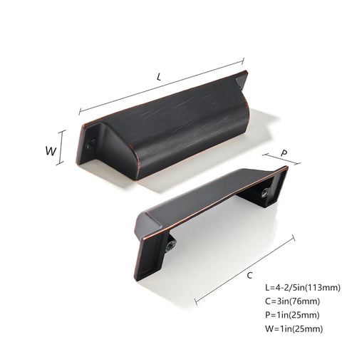 10 Pack 3 Inch Center To Center Oil Rubbed Bronze Cabinet Cup Pulls displayed with measurements for easy installation.