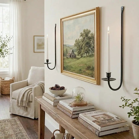 Super Rock Solid Iron Wall Candle Sconces Set Of Two Matte Black Metal hanging mount on wall beside art.