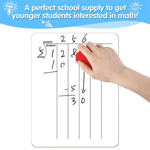 Hand erasing math on Double Sided Whiteboard For Students And Home Learning 9 By 12 Inch Dry Erase Board For Long Division Practice