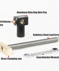 All Metal Bench Dog Clamp With Three Quarter Inch Quick Release Mechanism For Woodworking Mft Table And Workshops Heavy Duty Ratcheting Design, parts including aluminum dog peg and brass jaw.