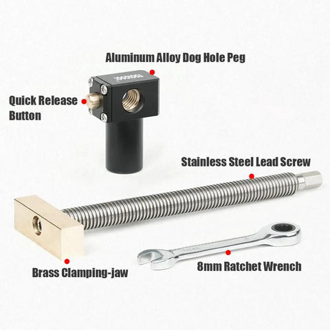 All Metal Bench Dog Clamp With Three Quarter Inch Quick Release Mechanism For Woodworking Mft Table And Workshops Heavy Duty Ratcheting Design, parts including aluminum dog peg and brass jaw.