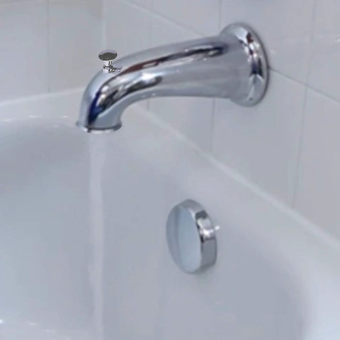 Decorative Bathtub Spout With Pull Up Diverter, 6 Inch Chrome Finish, Universal Fit Upgrade For Leaky Tubs, shown installed