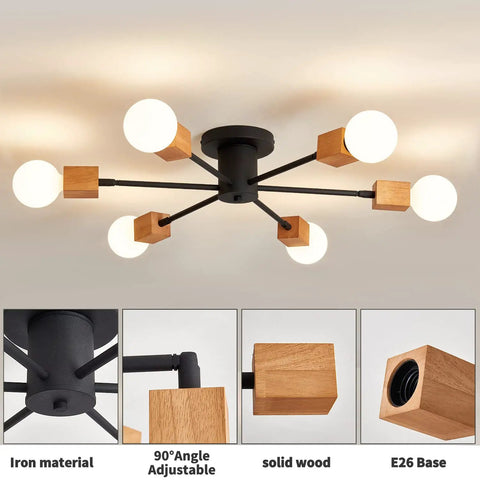 Rustic Wood Sputnik Ceiling Light Fixture With 6 Lights Semi Flush Mount Oak And Black Finish E26 Farmhouse Chandelier