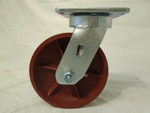 Premium Swivel Casters Kingpinless With Ductile Steel Wheels, 6 By 2 Inch Heavy Duty Rockers showing strong steel mount and red ductile wheel.