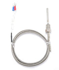 Waterproof K-type thermocouple probe with 1/4 in NPT stainless steel threaded tip and 2 m insulation lead shield wire.