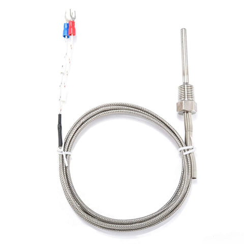 Waterproof K-type thermocouple probe with 1/4 in NPT stainless steel threaded tip and 2 m insulation lead shield wire.