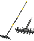77 Inch Adjustable Bow Rake With Metal Head And 1.1 Inch Thick Stainless Steel Handle shown from side and close-up views