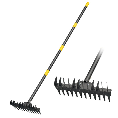 77 Inch Adjustable Bow Rake With Metal Head And 1.1 Inch Thick Stainless Steel Handle shown from side and close-up views