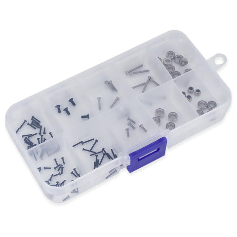 Axial 120Pcs RC Screw Kit With Bearings For SCX30 Crawler Upgrade Set in storage box with hex and Phillips screws visible