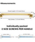 Diagram showing dimensions and screws of 40 Pack Matte Gold Cabinet Handles Set Seven And A Half Inch Hole Center Drawer Pulls Sleek Modern Bar Style For Kitchen Bathroom Bedroom Zinc Alloy Durable.