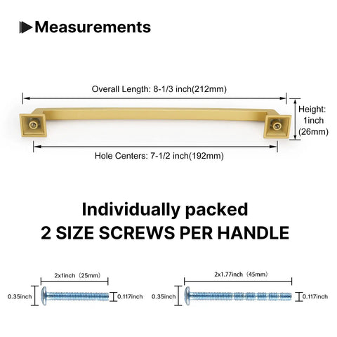Diagram showing dimensions and screws of 40 Pack Matte Gold Cabinet Handles Set Seven And A Half Inch Hole Center Drawer Pulls Sleek Modern Bar Style For Kitchen Bathroom Bedroom Zinc Alloy Durable.