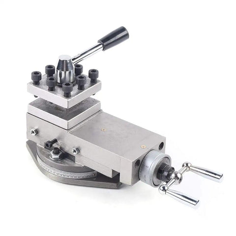 Universal Lathe Tool Post Holder For Mini Lathe 8cm Quick Change Assembly, cast iron tool post with handles, front view.