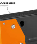 Close-up of Tough As Nails Folding Sawhorses non skid grip surface, showcasing orange and black metal construction.