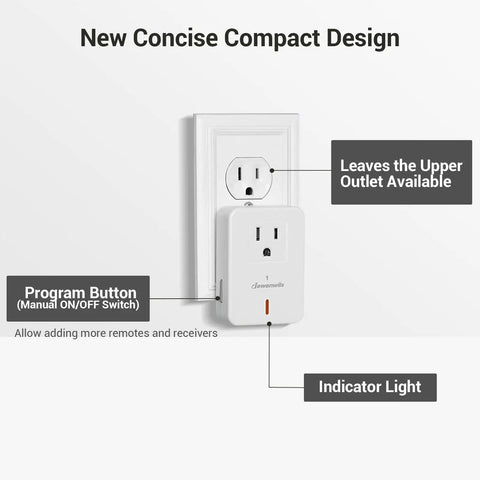 Remote Control Outlet Set With Two Remotes And Five Outlets, compact design, program button, indicator light, upper outlet free.