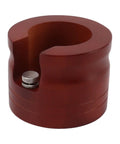Red Solid Wood Espresso Portafilter Holder And Tamping Station Precision Slot with silver adjustment knob, 58mm filter size.