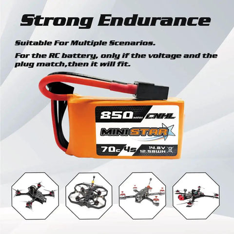 4S 850mAh 14.8V 70C LiPo Battery With XT60 Plug For RC Airplanes Helis Quadcopters FPV Racing Drones Two Pack shown