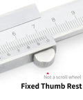 Close-up of Stainless Steel Vernier Caliper 0 to 8 Inch Thickened Mono Block Inch Metric Sliding Caliper with Depth Gauge, thumb rest