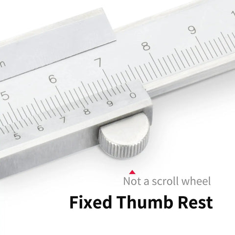Close-up of Stainless Steel Vernier Caliper 0 to 8 Inch Thickened Mono Block Inch Metric Sliding Caliper with Depth Gauge, thumb rest