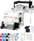 A4 DTF Printer With Shaker And Dryer Bundle Featuring Upgraded XP600 Printhead For No Fuss Custom Apparel Printing With White Ink Mixing Auto Clean System And Solid Quick Turnaround Speed on display with ink bottles and apparel ready for printing.